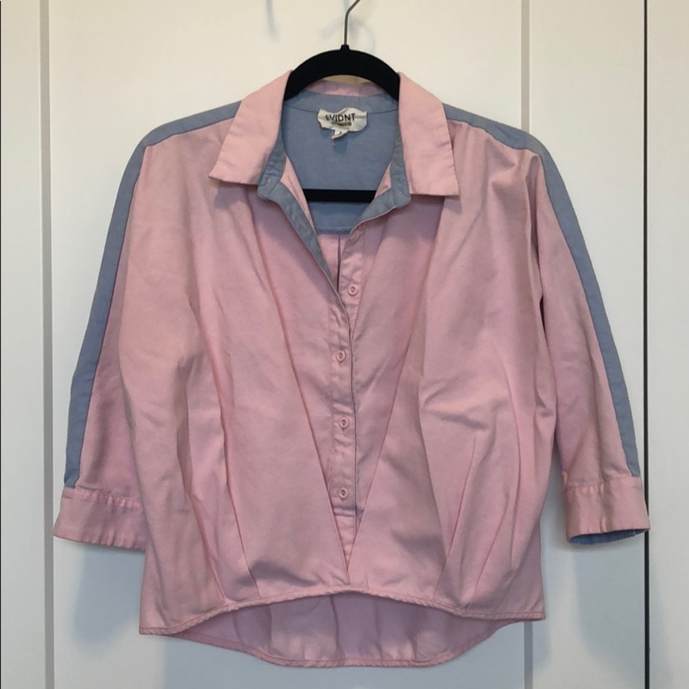Pink and blue colorblock 3/4 sleeve collared top